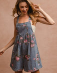 BiBi Flower Printed Wide Strap Denim Overalls