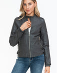 Snobbish PU Leather Biker Jacket with Side Zip Pockets