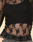 VERY J Mock Neck Fitted Sheer Mesh Lace Blouse