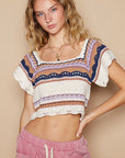 POL Openwork Ethnic Pattern Square Neck Cropped Knit Top