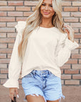 Beige Ruffled Flounce Sleeve Corduroy Blouse