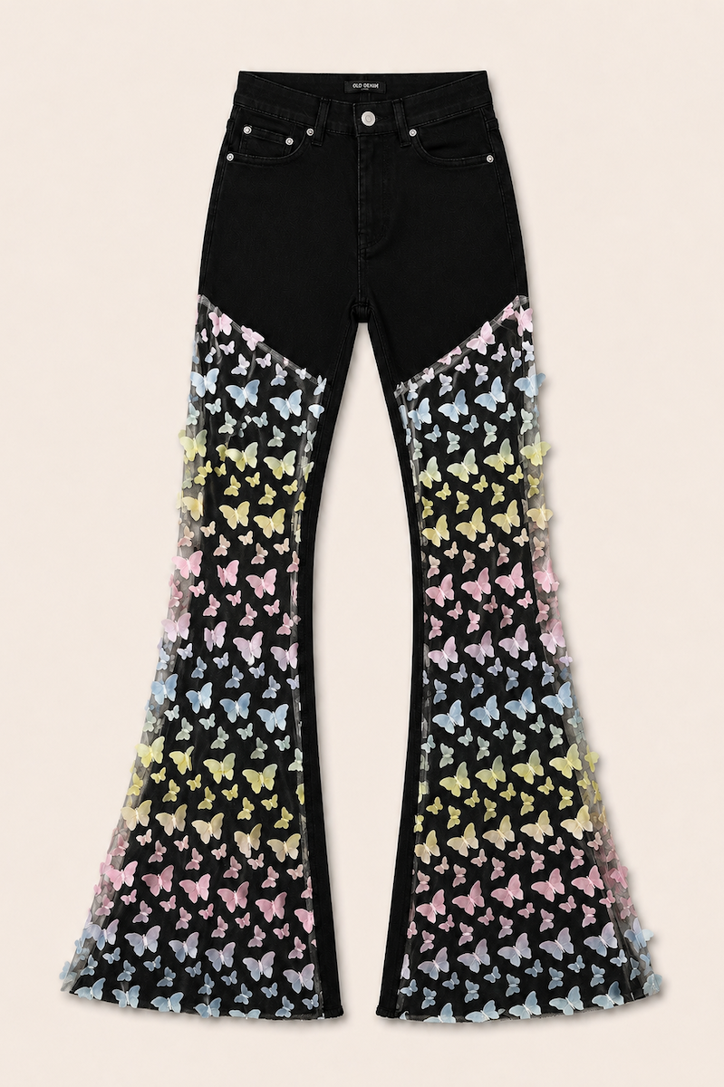 GJG Denim Mariposa Muse Butterfly Lace Bell Bottom Jeans — Black
