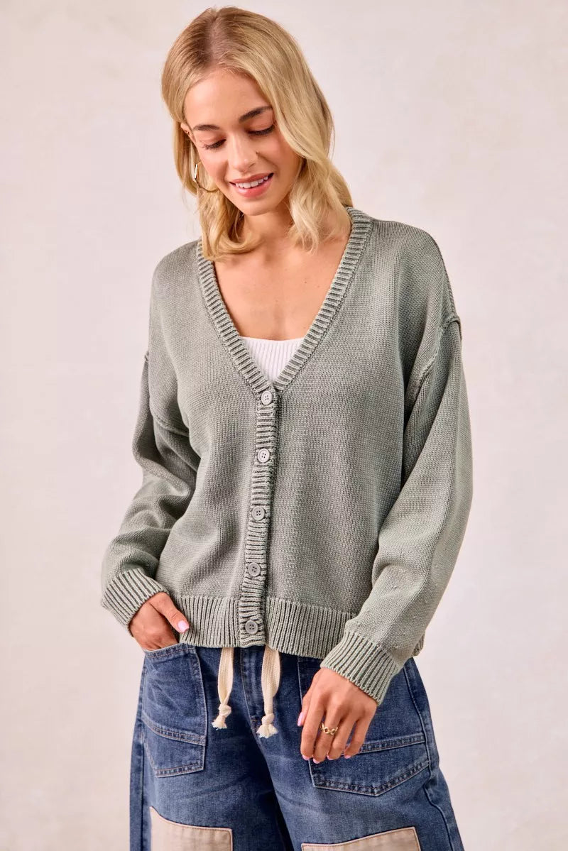 BiBi Washed Sweater V Neck Cardigan in Olive