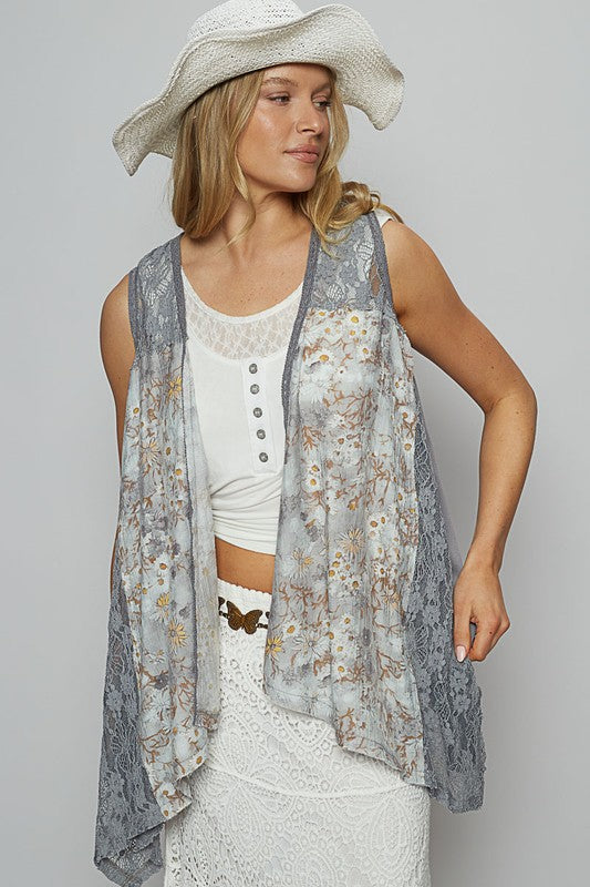 POL Lace Patchwork Floral Open Front Sleeveless Cardigan