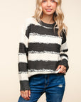 Haptics Striped Contrast Distressed Sweater