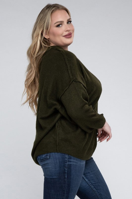 Zenana Plus Oversized Round Neck Raw Seam Melange Sweater