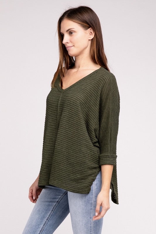 Zenana 3/4 Sleeve V-Neck Hi-Low Hem Jacquard Sweater