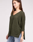 Zenana 3/4 Sleeve V-Neck Hi-Low Hem Jacquard Sweater