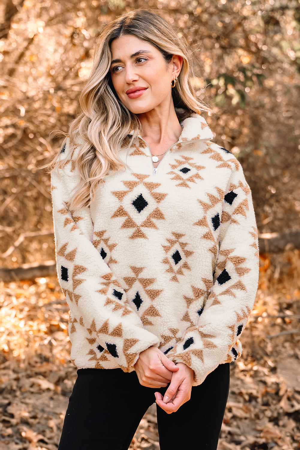 Western Aztec Sherpa Quarter-Zip Collared Sweatshirt