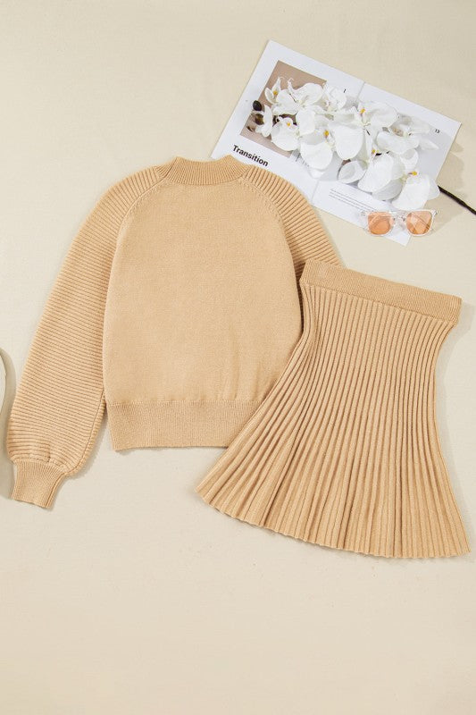 Solid High Neck Sweater and Pleated Mini Skirt Set