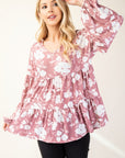 Celeste Full Size Tiered Floral V-Neck Long Sleeve Blouse