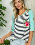 e Luna Striped Floral Print Pocket Top