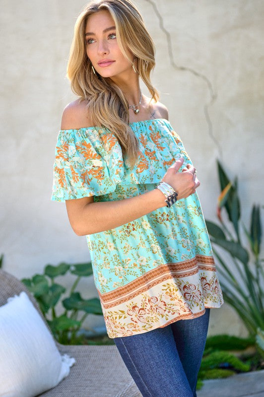 Davi &amp; Dani Printed Off Shoulder Smocked Top