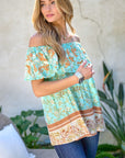 Davi & Dani Printed Off Shoulder Smocked Top