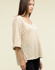 Zenana Brushed Waffle Exposed-Seam 3/4 Sleeve Top