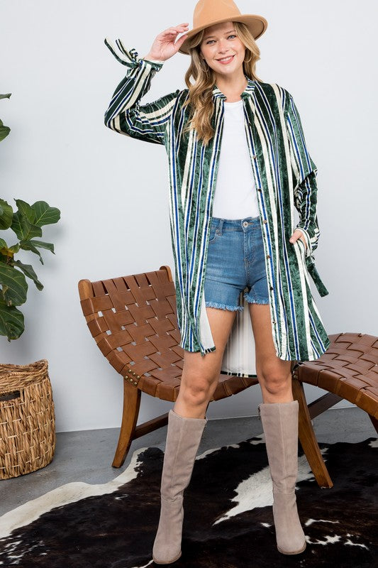 e Luna Striped Velvet Long Cardigan