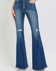 RISEN Distressed Button-Fly Flare Jeans