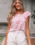 Floral Bow-Back Square Neck Ruffle Sleeve Blouse