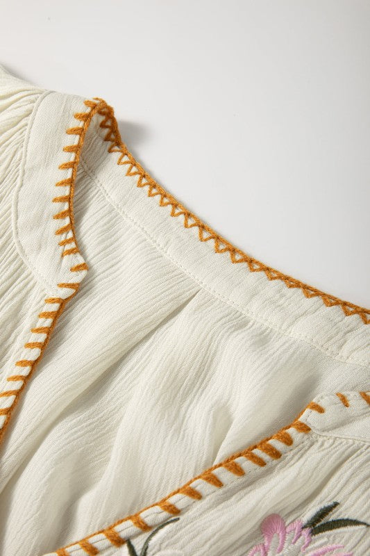 Floral Embroidered Textured Puff Sleeve Shirt