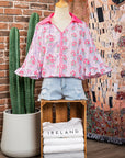 Floral Collared V-Neck Ruffle 3/4 Sleeve Shirt