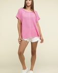 Zenana Brushed Waffle Exposed-Seam Short Sleeve Top