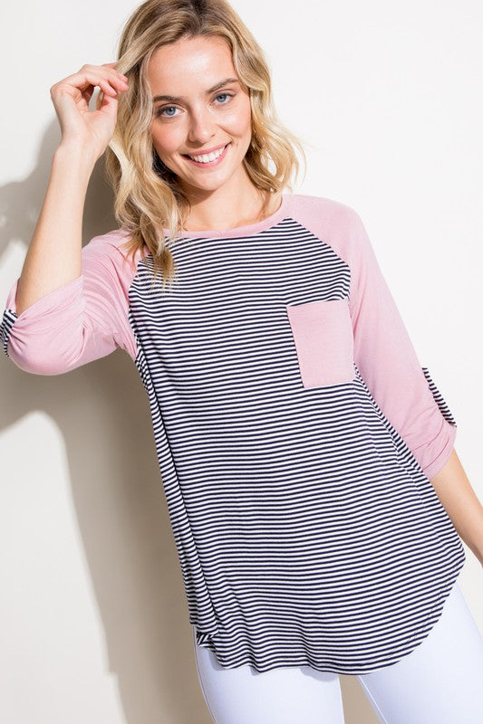 e Luna Striped Solid Roll Up Sleeve Top