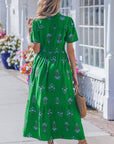 Floral Split Neck Shirred High Waist Maxi Dress