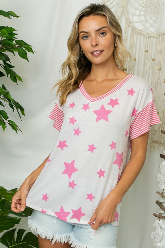 e Luna Star Print Striped Boxy Top