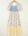 Floral Stripe Colorblock Square Neck Shirred Dress