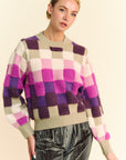 Davi & Dani Checkered Round Neck Long Sleeve Sweater