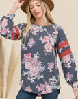 Celeste Full Size Floral Curved Hem T-Shirt with Stripe Detail