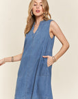 ADORA Notched Sleeveless Denim Dress with Pockets