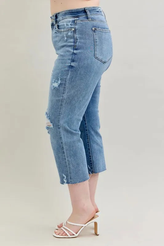 Judy Blue Full Size High Waist Destroy Crop Wide Leg Jeans Plus Size