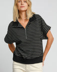 Umgee Striped Half Zip Short Sleeve Sweatshirt