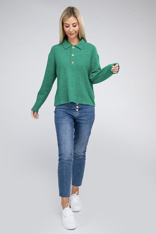 Zenana Brushed Melange Hacci Collared Sweater