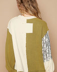 POL Exposed Seam Floral Patch Color Block Round Neck Sweatshirt