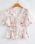 Floral Tied V-Neck Puff Sleeve Peplum Blouse