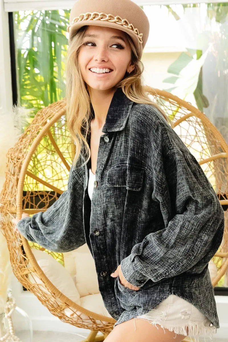 BiBi Vintage Washed Wrinkle Gauze Shacket