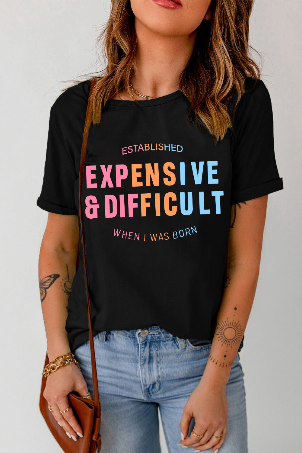 Expensive &amp; Difficult Slogan Graphic Cuffed Sleeve Tee
