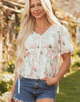 Floral Tied V-Neck Puff Sleeve Peplum Blouse