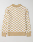 Checkered Buttons V Neck Drop Shoulder Sweater