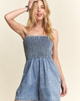 ADORA Smocked Spaghetti Strap Denim Romper