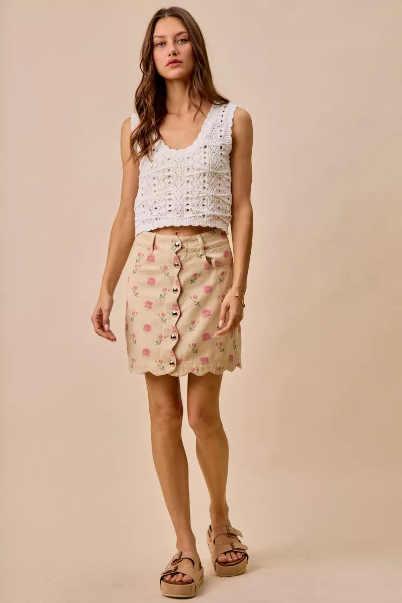 SO ME Floral Rose Print Cotton Twill Scallop Mini Skirt