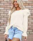 Beige Ruffled Flounce Sleeve Corduroy Blouse