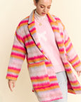 Davi & Dani Contrast Striped Open Front Coat with Pockets