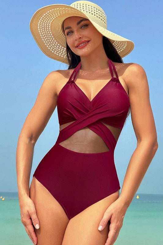 Color Block Halter Cross Lace One Piece Swimsuit