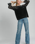 Umgee Polka Dot Lace Long Sleeve Round Neck Blouse