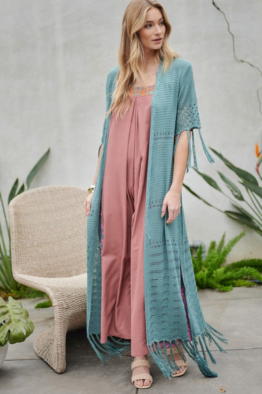 Davi &amp; Dani Solid Long Cardigan With Fringe