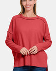 Zenana Full Size Exposed Seam Brushed Round Neck Sweater