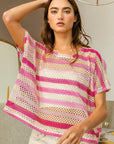 BiBi Striped Openwork Short Sleeve Knit Cover Up